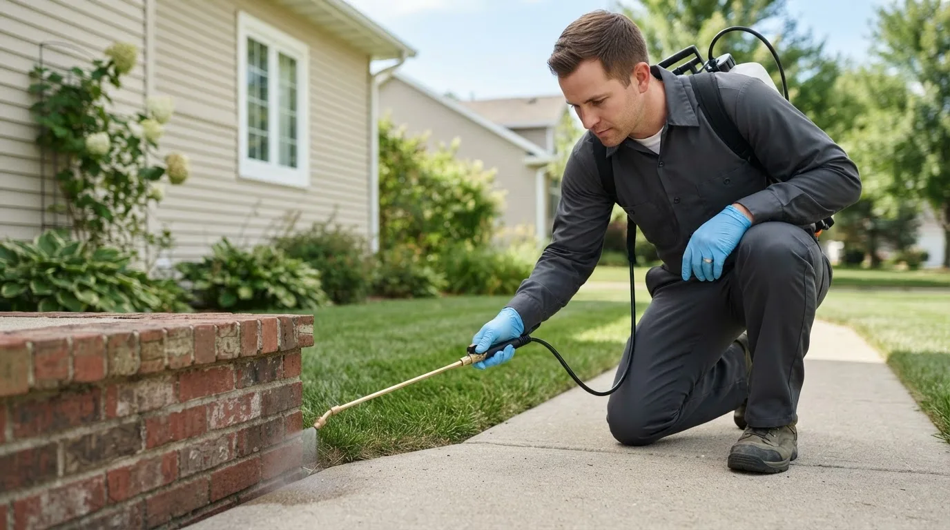 Pest control technician treating a home near Rowe, NM